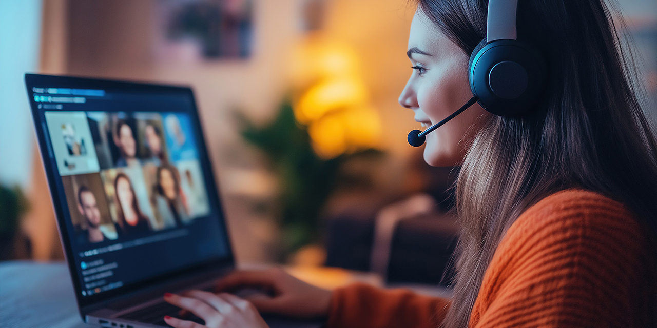 woman with headset engaged in a virtual meeting on a laptop woman with headset engaged in a virtual meeting on a laptop