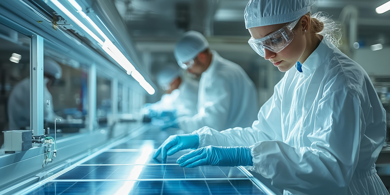 workers in cleanroom environment in high-tech facility assembling photovoltaic cells