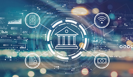 Online banking concept with blurred city abstract lights background