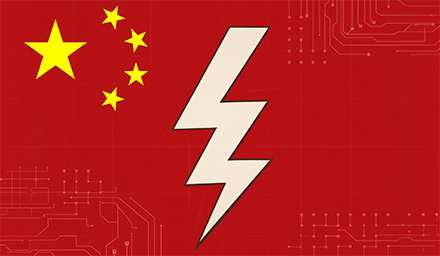 AI generated image: red background with yellow stars similar the China flag in the top left corner, white lightning bolt in the center of the image and white grid lines in the top right, bottom left and right of the image.