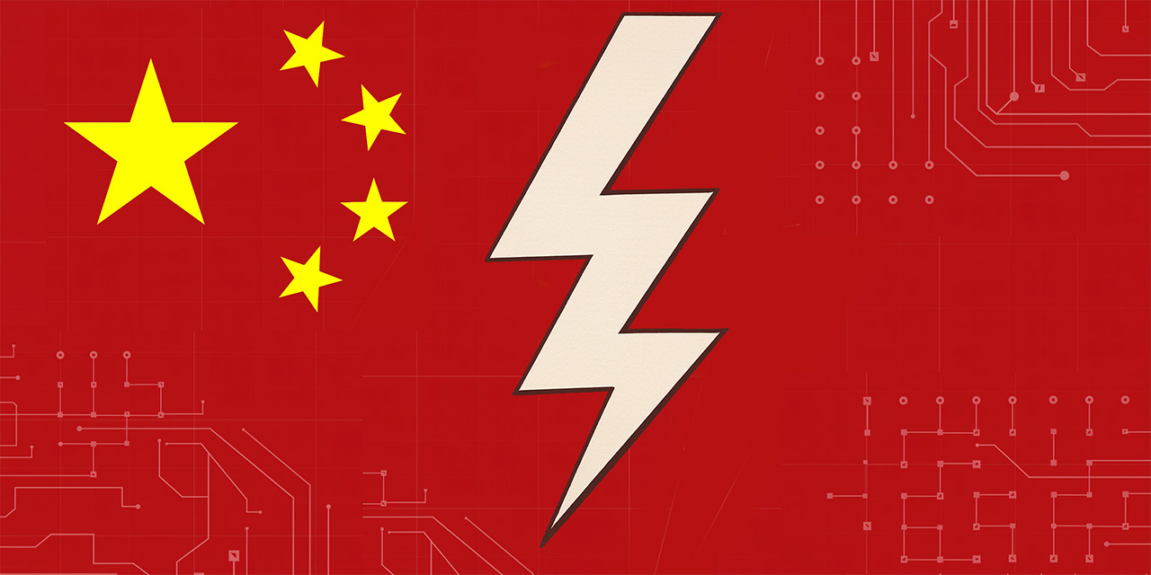 AI generated image: red background with yellow stars similar the China flag in the top left corner, white lightning bolt in the center of the image and white grid lines in the top right, bottom left and right of the image.
