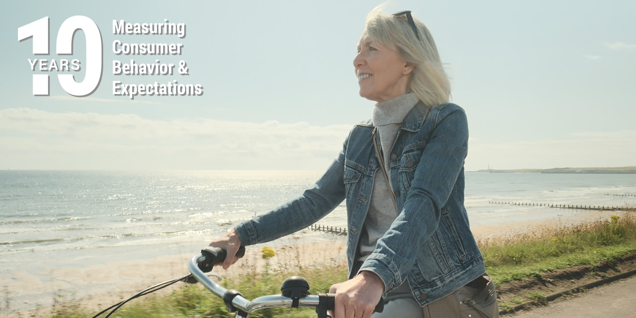 woman biking on path by beach on sunny day with text '10 years measuring consumer behavior and expectations'