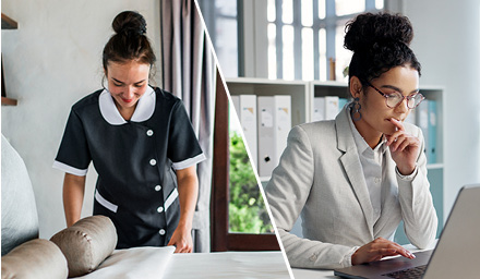 Photo: Split screen of Two women working, the first is a Housekeeper cleaning a hotel room. The second is thinking, laptop and typing businesswoman, bank consultant or working on research report, project or solution. Computer, administration analysis and professional person reading online account data.