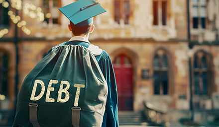 Photo: Back view of a student wearing an academic robe carrying a large bag on his back with the words "DEBT" written on it, a concept of students burdened by expensive education costs.