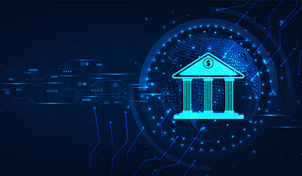 A bank icon in cyan blue against an electric blue backdrop of network lines and dots