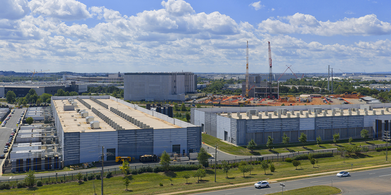 exterior aerial view of multi-level data center