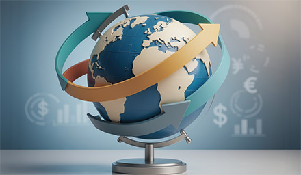 AI generated image of a globe with arrows showing cycles around it on a blue background with international currency symbols.