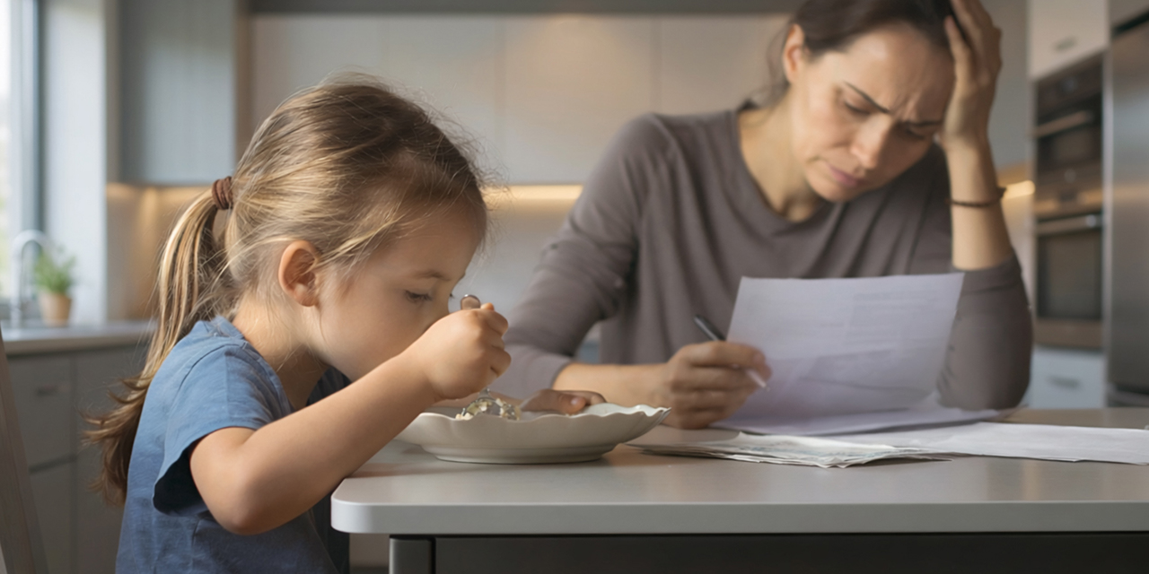 person reviewing financial documents at kitchen table while child eats meal