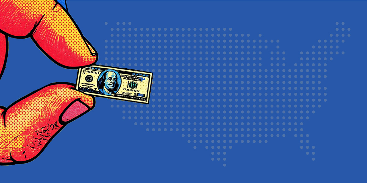 close-up illustration of thumb and index finger holding an undersized U.S. currency $100 bill against a blue background with outline of United States map close-up illustration of thumb and index finger holding an undersized U.S. currency $100 bill against a blue background with outline of United States map