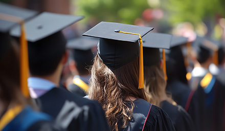 Image of back of college students in cap and gowns