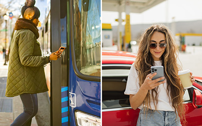 woman holding cell phone boarding a bus next to image of woman leaning against red car while looking at cell phone and holding coffee cup