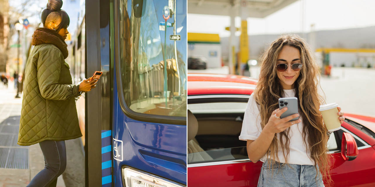 woman in green jacket holding a cell phone boarding a bus next to image of woman in sunglasses leaning against red car while looking at cell phone and holding coffee cup