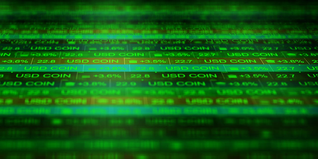 green-toned digital display showing rows of financial data for USD coin green-toned digital display showing rows of financial data for USD coin