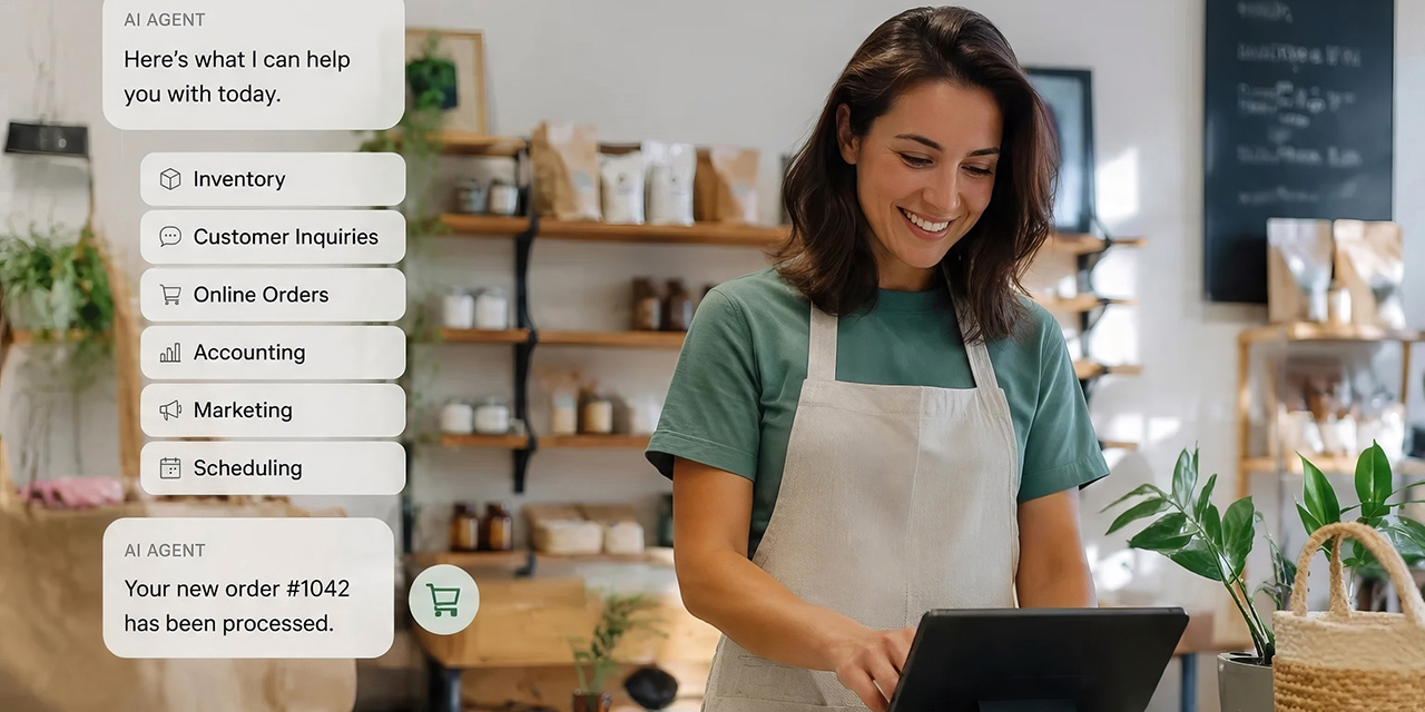 retail store owner using a digital tablet with an artificial intelligence (AI) management interface overlay