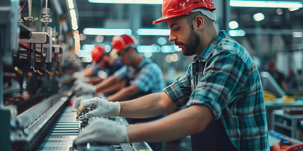Assembly line workers adjusting machinery settings