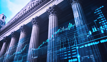 Financial stability: A classic bank building with columns, financial symbols, and charts, showcasing the reliability and trustworthiness of a bank