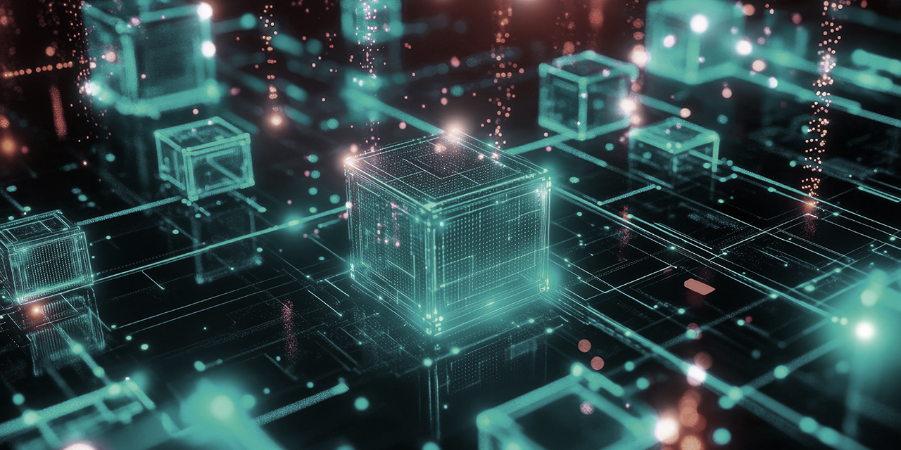 Abstract visuals of blockchain technology in business, featuring
