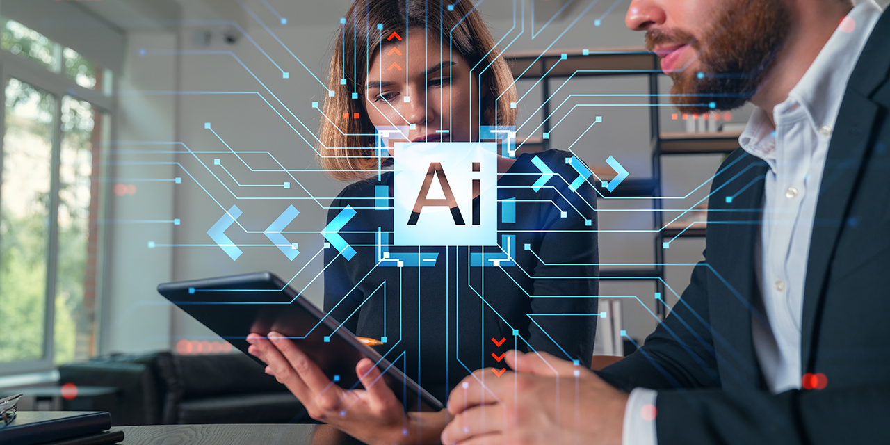 Businesspeople working together at office workplace. Concept of team work, business education, internet surfing, brainstorm, project information technology. Ai technology icons