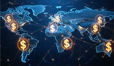 Decorative image of flattened globe with dollar signs