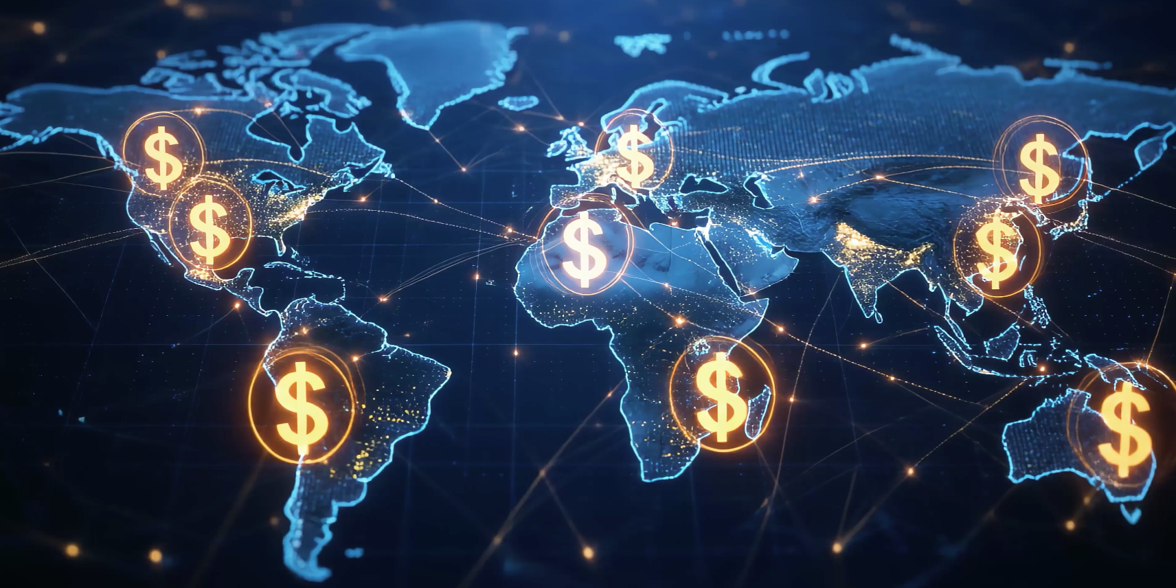 Decorative image of flattened globe with dollar signs