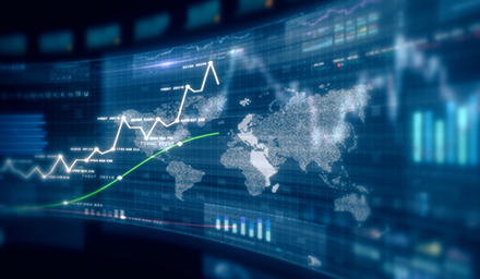 Futuristic global financial data visualization, world map and digital globe with candlestick chart, stock trading analytics, forex market dashboard, fintech infographic, big data interface