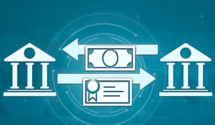 Illustration of two banks with a dollar bill and treasury notes going back and forth in between.