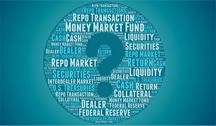 Illustration of a tag cloud in a circle with a large question mark. Some of the words are Federal Reserve, Dealer, Money Market Fund, Cash, Repo Market, Securities.