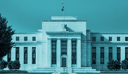 photo of the Federal Reserve building in Washington D.C. colorized to cyan.