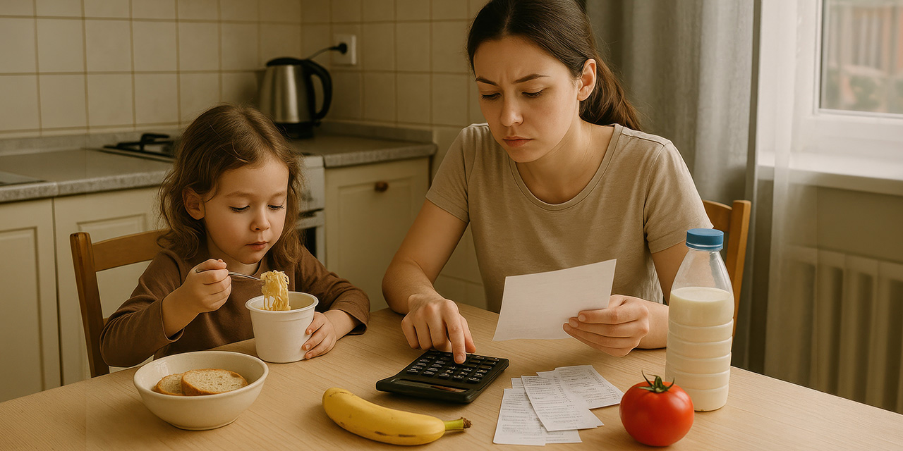 Female adult is focused on budgeting at kitchen table while child eats noodles, with groceries and bills visible, showcasing family financial management and daily life