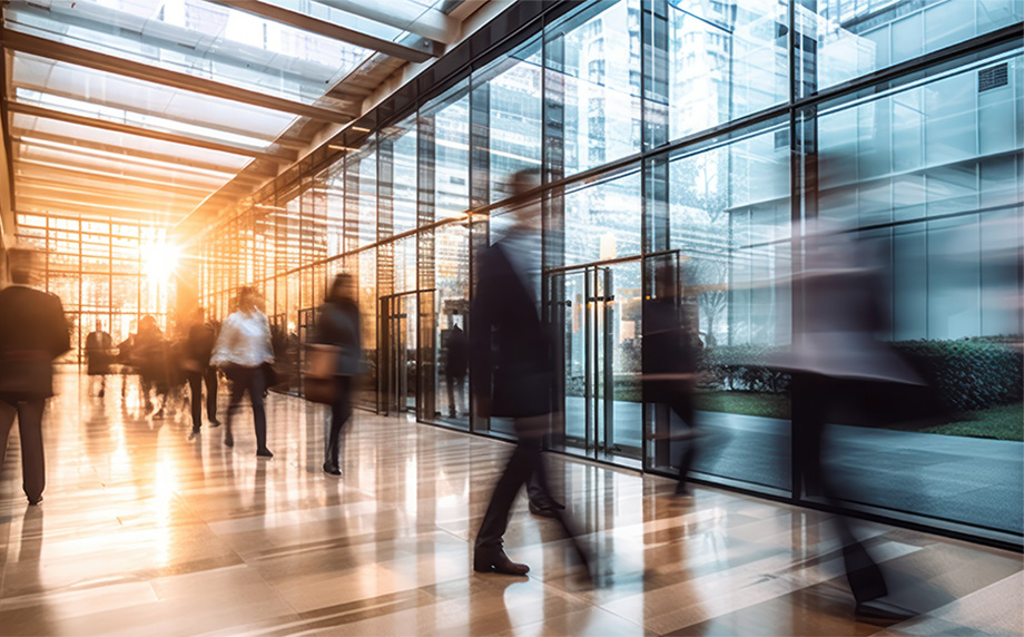 AI generated, people walking in office building.